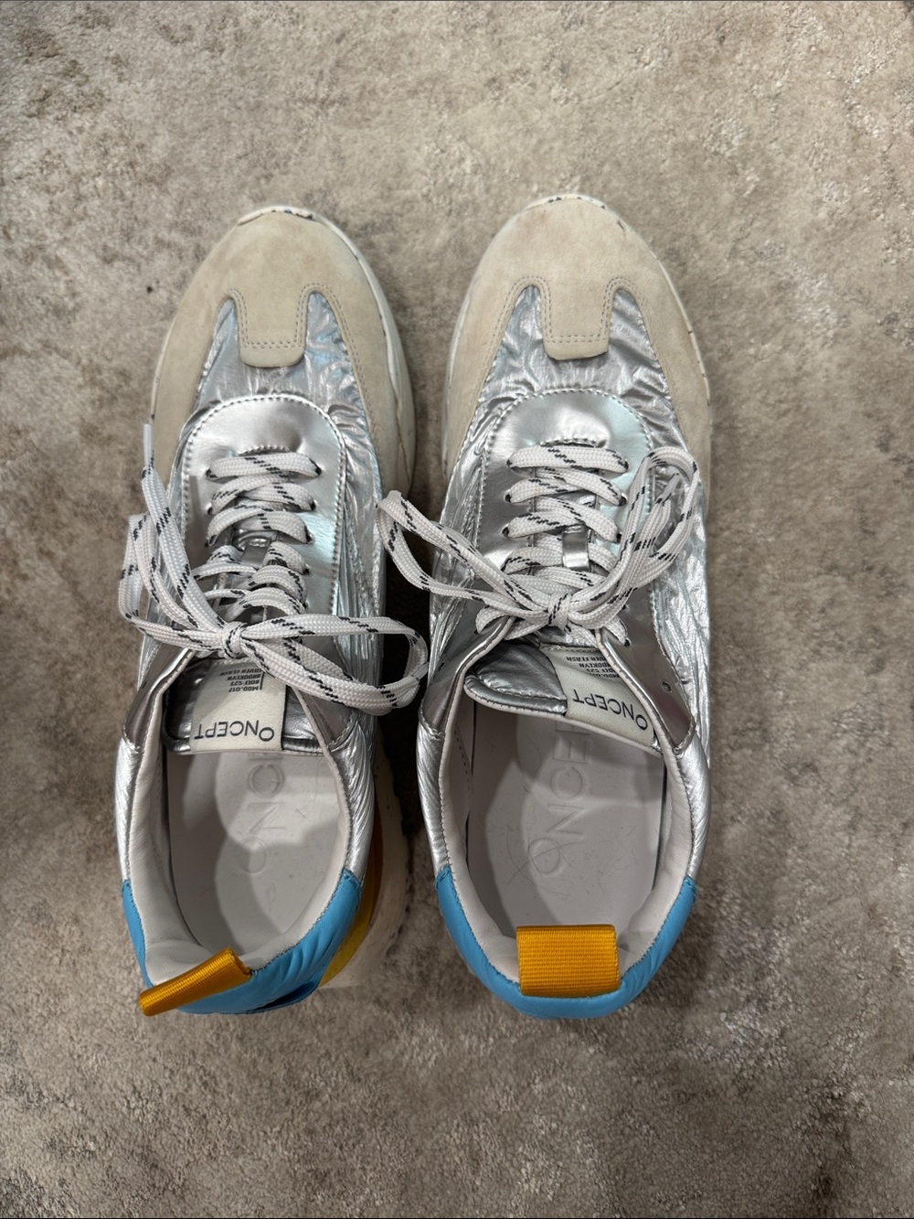 Women’s Metallic Silver and Beige Sneakers with Blue Heel Accent